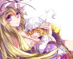  2girls animal_ears blizzomos blonde_hair blush bow breasts child cleavage closed_eyes fox_ears fox_tail hair_bow hat hat_ribbon large_breasts long_hair long_sleeves looking_at_viewer mob_cap multiple_girls multiple_tails open_mouth ribbon short_hair simple_background smile tail touhou violet_eyes white_background wide_sleeves yakumo_ran yakumo_yukari younger 