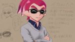  1boy close-up closed_eyes commentary_request crossed_arms domino_mask inkling male_focus mask pink_hair pointy_ears smile solo splatoon sweat sweatdrop sweater takobe tentacle_hair translation_request 