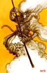  2016 armor clouds full_body gauntlets journey_to_the_west long_hair matagiro monkey orange_(color) orange_background rod simple_background solo staff sun_wukong very_long_hair yellow_background 