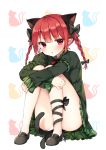  1girl animal_ears bow braid cat cat_ears cat_tail convenient_leg dress extra_ears green_dress hair_bow juliet_sleeves kaenbyou_rin leg_hug long_sleeves looking_at_viewer multiple_tails nekomata panties pantyshot pantyshot_(sitting) pout puffy_sleeves red_eyes redhead shinoba sitting solo tail touhou twin_braids two_tails underwear white_panties 