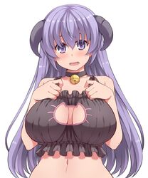  1girl bell bell_choker black_bra blush bra breasts cat_cutout cat_lingerie choker cleavage cleavage_cutout hanyuu hasu_(hk_works) higurashi_no_naku_koro_ni horns large_breasts long_hair looking_at_viewer open_mouth purple_hair simple_background solo underwear upper_body very_long_hair violet_eyes white_background 