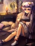  1girl blush book boots crescent dated dress full_body hat indoors light long_hair long_sleeves looking_at_viewer mob_cap open_book patchouli_knowledge purple_hair sitting solo touhou violet_eyes wide_sleeves yubayuki 