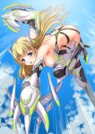  1girl armor ass back bangs bare_shoulders bikini_armor black_legwear blonde_hair blue_eyes blue_sky blush boots breasts clouds dual_wielding gloves headgear long_hair looking_at_viewer mecha_musume open_mouth original outstretched_arms revealing_clothes sakiyamama sky solo strapless thigh-highs thong 