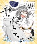  (o)_(o) 1girl ^_^ bare_legs blush blush_stickers closed_eyes constricted_pupils d: falling grey_hair happy harusame_(unmei_no_ikasumi) hat manzairaku messy_hair mononobe_no_futo narrowed_eyes o_o open_mouth ponytail ringed_eyes seal small_breasts solo surprised tate_eboshi touhou wide_sleeves 