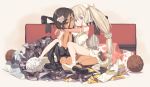  2girls ass back bare_shoulders black_dress black_hair blonde_hair brown_eyes chocolate commentary_request dark_skin dress elbow_gloves flat_chest gloves hair_ribbon highres hug ka-no long_hair looking_at_viewer multiple_girls original red_eyes ribbon scrunchie short_eyebrows short_hair sitting twintails very_long_hair wariza 