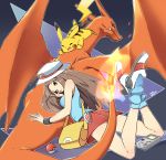  bag bare_legs blue_(pokemon) brown_eyes brown_hair charizard fire game_boy handbag handheld_game_console hat highres lying on_stomach pikachu pleated_skirt poke_ball pokemon pokemon_(creature) pokemon_(game) pokemon_frlg porkpie_hat red_skirt skirt socks tm_(hanamakisan) wristband 