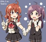  2girls ahoge arashi_(kantai_collection) bangs black_skirt black_vest blouse blush commentary_request dated gloves hagikaze_(kantai_collection) holding_hands kamelie kantai_collection kerchief long_hair messy_hair multiple_girls neck_ribbon open_mouth pleated_skirt purple_hair redhead ribbon school_uniform side_ponytail skirt stick tears vest white_blouse white_gloves younger 