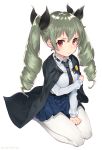  1girl anchovy blush breasts cape drill_hair girls_und_panzer green_hair hair_ribbon highres long_hair looking_at_viewer mika_pika_zo necktie pantyhose ribbon school_uniform seiza simple_background sitting skirt solo twin_drills twintails uniform white_background white_legwear 