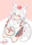  1girl absurdres animal_ears birthday_cake cake cube85 fang food fruit happy_birthday hat heart highres inubashiri_momiji kneeling plate red_eyes signature silver_hair smile solo strawberry tail tokin_hat touhou white_hair wolf_ears wolf_tail 