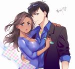  1boy 1girl :o arm_around_neck arm_around_waist artist_name bangs black_hair blue_dress blue_eyes blue_shirt bow breasts brown_eyes brown_hair chibi_inset cleavage closed_mouth collared_shirt dark_skin dress dress_shirt ear_studs earrings hand_on_another&#039;s_shoulder holding holding_sunglasses jacket jewelry karako_(osomatsu-san) large_breasts long_hair looking_at_viewer matsuno_karamatsu mery_(apfl0515) necklace open_mouth osomatsu-kun osomatsu-san plaid red_lips shirt sleeves_past_elbows sleeves_rolled_up smile sunglasses sunglasses_on_head sunglasses_removed swept_bangs upper_body white_background 