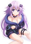  1girl :q adult_neptune blush breasts choujigen_game_neptune cleavage hair_ornament highres kazenokaze large_breasts licking_lips long_hair looking_at_viewer neptune_(series) purple_hair shin_jigen_game_neptune_vii short_hair sitting smile solo thigh_strap tongue tongue_out very_long_hair violet_eyes 