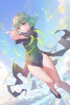  1girl black_dress curly_hair dress flying green_eyes green_hair highres karesuki looking_at_viewer one-punch_man smile solo tatsumaki 