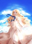  1girl blonde_hair blue_eyes blue_ribbon clouds dress highres long_hair marnie omoide_no_marnie open_mouth ribbon solo white_dress yumiee_mahiro 