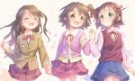  3girls :d ^_^ amami_haruka blazer blush brown_eyes brown_hair cardigan closed_eyes green_eyes hair_ornament hair_ribbon hairclip holding_hands idolmaster idolmaster_cinderella_girls idolmaster_million_live! jacket kasuga_mirai multiple_girls one_side_up open_mouth ramble ribbon school_uniform shimamura_uzuki short_hair side_ponytail skirt smile sweater sweater_vest 