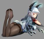  1girl ass brown_eyes dress headgear hizagawa_rau kantai_collection legs_up long_hair looking_at_viewer looking_back lying murakumo_(kantai_collection) on_stomach pantyhose short_sleeves silver_hair solo thighband_pantyhose very_long_hair white_dress 