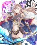  1girl blush bow_(weapon) breasts brown_eyes brown_hair cowboy_shot electricity granblue_fantasy holding holding_sword holding_weapon long_hair looking_at_viewer navel shunatsu_(shisui) simple_background smile solo song_(granblue_fantasy) standing sword very_long_hair weapon white_background 