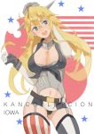  +_+ 1girl :d absurdres american_flag_legwear belt black_panties blonde_hair blue_eyes breasts character_name cleavage copyright_name gloves headgear highres ikz97 iowa_(kantai_collection) kantai_collection large_breasts long_hair looking_at_viewer microskirt midriff navel open_mouth panties skirt smile solo symbol-shaped_pupils teeth thigh-highs underwear 