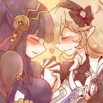  2girls black_hair blonde_hair blush closed_eyes face-to-face fire_emblem fire_emblem_if heart holding_hands interlocked_fingers kagosumi multiple_girls my_unit_(fire_emblem_if) pointy_ears smile syalla_(fire_emblem_if) yuri 