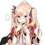  ... 1girl :&lt; alternate_hairstyle blonde_hair blush bracelet clarisse_(granblue_fantasy) commentary_request granblue_fantasy green_eyes hair_ribbon jewelry long_hair looking_at_viewer ribbon simple_background solo spoken_ellipsis tajima_ryoushi twintails white_background 