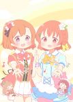  4girls 4koma ^_^ blue_eyes blush bokura_no_live_kimi_to_no_life bow braid chibi closed_eyes collared_shirt comic commentary_request flower hair_flower hair_ornament hat holding_hands kimi_no_kokoro_wa_kagayaiteru_kai? kousaka_honoka love_live!_school_idol_project love_live!_sunshine!! minami_kotori multiple_girls musical_note one_side_up orange_hair outstretched_hand pleated_skirt red_eyes sakurauchi_riko shirt skirt takami_chika ususa70 |_| 