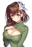  1girl blush braid breasts brown_eyes brown_hair cleavage cleavage_cutout clothes_lift flower gan_(shanimuni) hair_flower hair_ornament hand_on_own_chest kanpani_girls large_breasts long_hair mole mole_under_eye open-chest_sweater open_mouth ribbed_sweater shirayuri_sakura simple_background single_braid solo sweater sweater_lift turtleneck white_background 