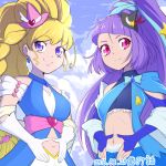  2016 2girls asahina_mirai black_hat blonde_hair blue_gloves bridal_gauntlets choker clouds commentary_request cure_magical cure_miracle dated gloves hat izayoi_liko long_hair magical_girl mahou_girls_precure! midriff mini_hat mini_witch_hat multiple_girls navel pink_eyes pink_hat ponytail precure purple_hair sapphire_style sky smile violet_eyes white_gloves witch_hat yoshimune 