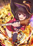  1girl :d black_hair blush explosion eyepatch eyepatch_removed fang_xue_jun fingerless_gloves gloves hat kono_subarashii_sekai_ni_shukufuku_wo! looking_at_viewer magic_circle megumin open_mouth red_eyes short_hair smile solo staff witch_hat 