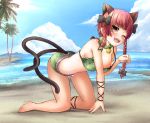  1girl adworse all_fours animal_ears arm_ribbon beach bell bell_collar bent_over bikini blue_sky blush bow braid breasts cat_ears cat_tail cleavage clouds collar day extra_ears fang floral_print frilled_bikini frills green_bikini hair_bow horizon kaenbyou_rin leg_ribbon legs multiple_tails nekomata ocean one_eye_closed open_mouth palm_tree paw_pose redhead ribbon shiny shiny_skin sky smile solo strap_slip sunlight swimsuit tail teeth thighs touhou tree twin_braids two_tails yellow_eyes 