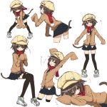 1girl absurdres animal_ears arms_up bent_over black_legwear blue_eyes blush brown_hair cabbie_hat cardigan cat_ears cat_tail cropped_legs full_body hat highres long_sleeves looking_at_viewer lying multiple_views on_side open_mouth original pigeon-toed pom_pom_(clothes) red_scarf scarf school_uniform shoes short_hair simple_background sitting skirt sleeves_past_wrists sneakers solo spread_legs standing tadashi_(tadashi1013) tail thigh-highs white_background zettai_ryouiki 