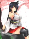  1girl black_hair breasts cherry_blossoms detached_sleeves en_(paorasuteki) floral_print fusou_(kantai_collection) hair_ornament hand_on_own_chest headgear kantai_collection large_breasts legs_together long_hair looking_at_viewer looking_to_the_side miniskirt nontraditional_miko outdoors pleated_skirt red_eyes sitting sitting_on_rock skirt solo tree tree_branch white_background 