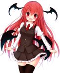  1girl :d akakabu_(obsidian910) bat_wings black_legwear blush head_wings heart heart-shaped_pupils highres koakuma long_hair long_sleeves looking_at_viewer low_wings necktie open_mouth puffy_sleeves red_eyes redhead shirt simple_background skirt skirt_set smile solo symbol-shaped_pupils thigh-highs touhou vest white_background wings zettai_ryouiki 