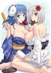  2girls :p bare_shoulders barefoot blue_eyes blue_hair blush breasts candy_apple corn flower fox_mask hair_flower hair_ornament hairclip hamakaze_(kantai_collection) highres japanese_clothes kantai_collection kimono kishi_nisen large_breasts looking_at_viewer mask multiple_girls sandals_removed short_hair silver_hair tongue tongue_out urakaze_(kantai_collection) 