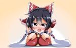 1girl bare_shoulders black_hair blush bow breast_press breasts detached_sleeves hair_bow hair_tubes hakurei_reimu large_breasts lying on_stomach open_mouth raised_eyebrow red_bow red_eyes solo takashi_(nekoro) touhou 