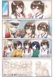  4koma 6+girls :d ^_^ akagi_(kantai_collection) anger_vein blonde_hair blue_eyes blush breasts brown_eyes brown_hair capelet closed_eyes comic cross flower fukuroumori girl_sandwich gloves graf_zeppelin_(kantai_collection) hair_between_eyes hairband hat heart highres hiryuu_(kantai_collection) impossible_clothes jacket japanese_clothes kaga_(kantai_collection) kantai_collection large_breasts long_hair long_sleeves multiple_girls necktie no_armor nontraditional_miko open_mouth peaked_cap red_rose rose sandwiched short_hair shoukaku_(kantai_collection) side_ponytail sidelocks smile souryuu_(kantai_collection) sparkle straight_hair tasuki twintails uniform upper_body window zuikaku_(kantai_collection) 