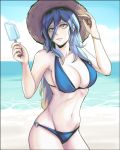  1girl alternate_hairstyle bikini blonde_hair blue_bikini blue_hair bracelet breasts cal_(pmgdd) cleavage gradient_hair hat jewelry large_breasts league_of_legends long_hair multicolored_hair navel o-ring_bikini ocean popsicle solo sona_buvelle straw_hat swimsuit yellow_eyes 