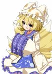  1girl animal_ears blonde_hair fang fox_ears fox_tail hands_in_sleeves hat highres long_sleeves open_mouth pillow_hat short_hair solo tabard tail takashi_(nekoro) tassel touhou white_background wide_sleeves yakumo_ran yellow_eyes 