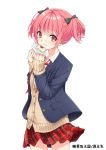  1girl baozi blush bow eating food hair_bow hasegawa_urumi holding holding_food jacket looking_at_viewer mascot minamoto original pink_eyes pink_hair pleated_skirt ribbon school_uniform shirt short_hair skirt solo two_side_up white_background 