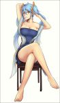  1girl adjusting_hair barefoot blue_hair breasts cal_(pmgdd) chair cleavage crossed_legs dress hair_ornament large_breasts league_of_legends long_hair short_dress simple_background sitting solo sona_buvelle twintails very_long_hair white_background yellow_eyes 