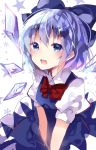  1girl blue_dress blue_eyes blue_hair blush cirno colored dress fang hair_ribbon highres ice ice_wings looking_at_viewer open_mouth puffy_sleeves ribbon short_hair short_sleeves sketch smile solo star sweetroad touhou white_background wings 