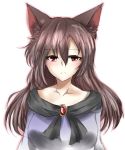  1girl animal_ears blush breasts brooch brown_hair collarbone dress highres imaizumi_kagerou jewelry large_breasts looking_at_viewer miao_zhao_sudachi red_eyes simple_background solo touhou upper_body white_background wolf_ears 