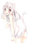  1girl animal_ears ass bare_shoulders blush brown_eyes cat_ears cat_tail commentary_request dress kantoku_(style) karutamo long_hair looking_at_viewer no_panties open_mouth original paw_pose silver_hair smile solo tail white_dress 