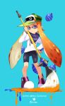  1girl baseball_cap bike_shorts blue_background calligraphy_brush copyright_name domino_mask female hand_on_hip hat highres holding inkling long_hair long_sleeves looking_at_viewer super_mario_bros. mask no_socks orange_hair oversized_object paint_splatter paintbrush pointy_ears shirt shoes smile solo splatoon squid standing super_mario_bros. super_mario_sunshine tentacle_hair touzai_(poppin_phl95) violet_eyes water_balloon white_shirt 