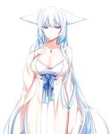 1girl animal_ears blue_eyes breasts cleavage collarbone fox_ears fox_tail gem gradient_hair hand_on_own_chest hikimayu konshin large_breasts long_hair looking_at_viewer multicolored_hair obi orie_mishiro pixiv_fantasia sash simple_background snowflakes solo tail very_long_hair white_background white_hair 