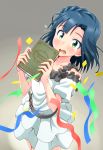  1girl blue_hair blush book confetti hige_(com) holding holding_book idolmaster idolmaster_million_live! looking_at_viewer nanao_yuriko open_mouth short_hair solo streamers wavy_mouth yellow_eyes 