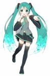  1girl aqua_hair bare_shoulders black_legwear blush boots detached_sleeves full_body green_eyes hatsune_miku long_hair looking_at_viewer meito_(maze) nail_polish necktie pleated_skirt skirt smile solo thigh-highs thigh_boots twintails vocaloid zettai_ryouiki 
