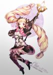  1girl black_gloves blonde_hair boots bow character_name copyright_name dress elise_(fire_emblem_if) fire_emblem fire_emblem_if flower gloves hair_bow hand_on_own_cheek heart high_heel_boots high_heels multicolored_hair namie-kun one_eye_closed purple_hair rose smile solo staff streaked_hair thigh-highs thigh_boots twintails violet_eyes 