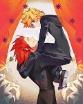  2boys axel_(kingdom_hearts) black_gloves black_shoes blonde_hair blue_eyes carrying coat eye_contact gloves hood kingdom_hearts looking_at_another male_focus messy_hair multiple_boys redhead roxas shoes smile spiky_hair vocon 