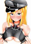  1girl bismarck_(kantai_collection) blonde_hair blue_eyes blush breasts hat kantai_collection long_hair looking_at_viewer military_hat monaka_(mentsukidou) simple_background solo sweat under_boob white_background 