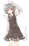 1girl animal_ears arm_up blush dress grey_hair grin highres jewelry long_sleeves looking_at_viewer mouse_ears mouse_tail nazrin necklace netamaru red_eyes short_hair simple_background smile solo tail touhou white_background 
