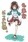  1girl alternate_costume alternate_headwear animal_ears blush chen earrings hands_on_headwear highres jewelry looking_at_viewer multiple_tails one_eye_closed one_leg_raised open_mouth osaname_riku scarf short_hair short_shorts shorts simple_background solo tail touhou 